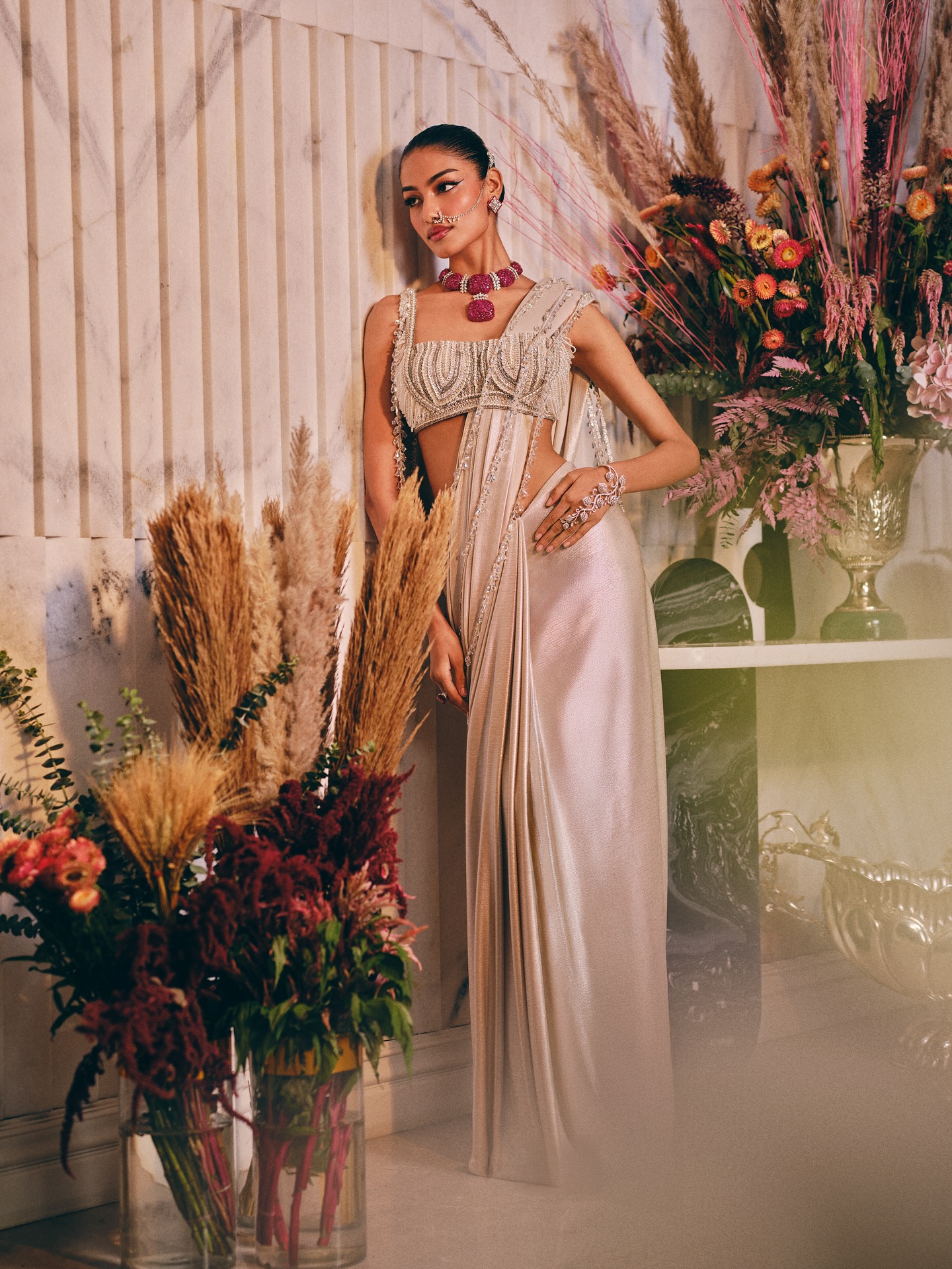 manish malhotra cocktail dresses Silver lamé, clean lines, crystal drape. The #MMsaree is made to stand out after dark. #ManishMalhotra #ManishMalhotraWorld #INAYAbyMM #CocktailCouture Designer gowns Color:Skyblue Pants Size 33x29 blue JAEGER Women Dresses