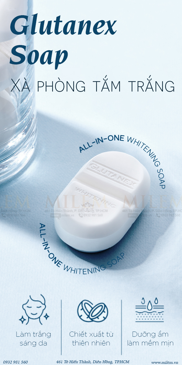𝐆𝐥𝐮𝐭𝐚𝐧𝐞𝐱 – Xà phòng tắm trắng da đa năng cho làn da rạng rỡ mỗi ngày Chỉ một bánh xà phòng, chăm sóc trọn vẹn cho mặt – tay – body. Ngay