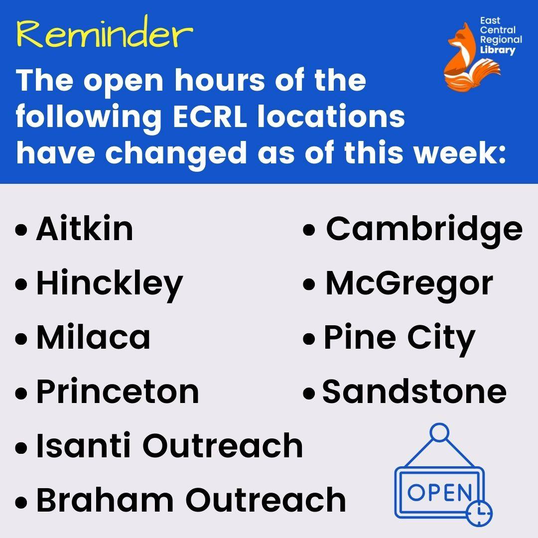 East - Reminder: As of Monday, January 5 the open hours of some of our ...