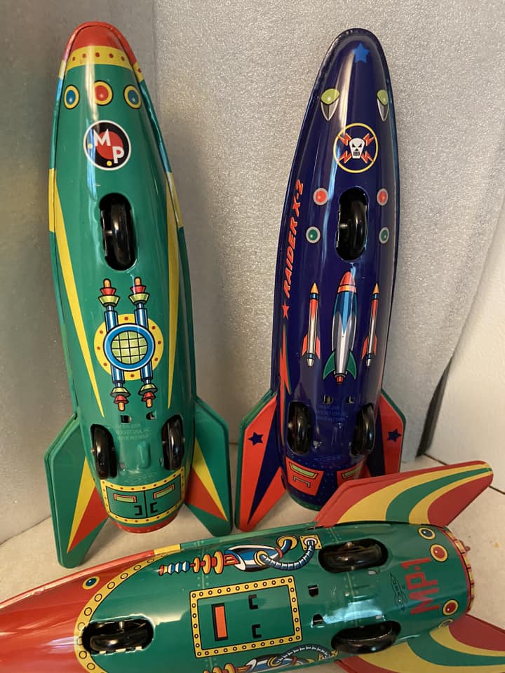 From Rocket USA. Three tin Retro Rockets. Friction powered