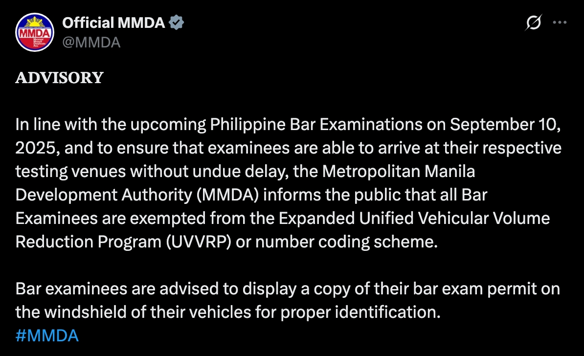 ABS-CBN - Heads up, Bar takers! The MMDA exempts takers of the ...
