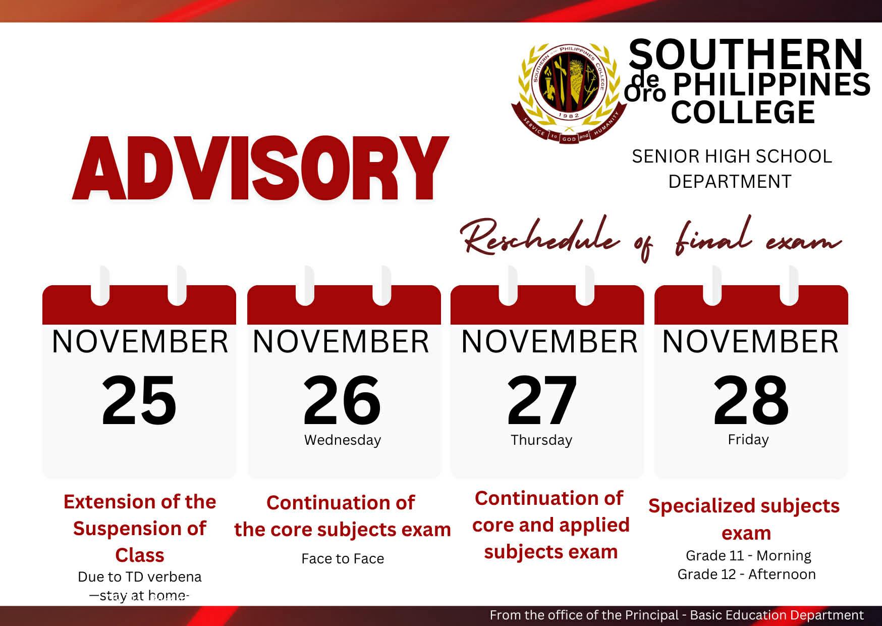 Southern - 📢 ADVISORY: Reschedule of Final Exams Due to the suspension ...
