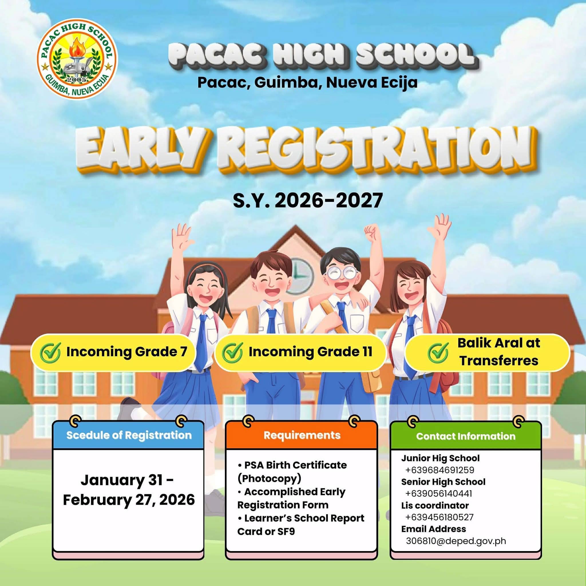 📣 EARLY REGISTRATION SY 2026–2027📣... - Pacac High School | Facebook