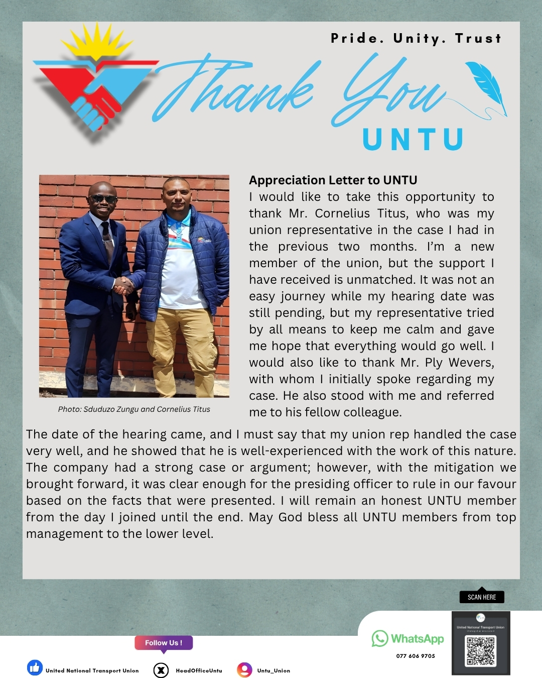 United - UNTU NOTE OF APPRECIATION: The United National Transport Union ...
