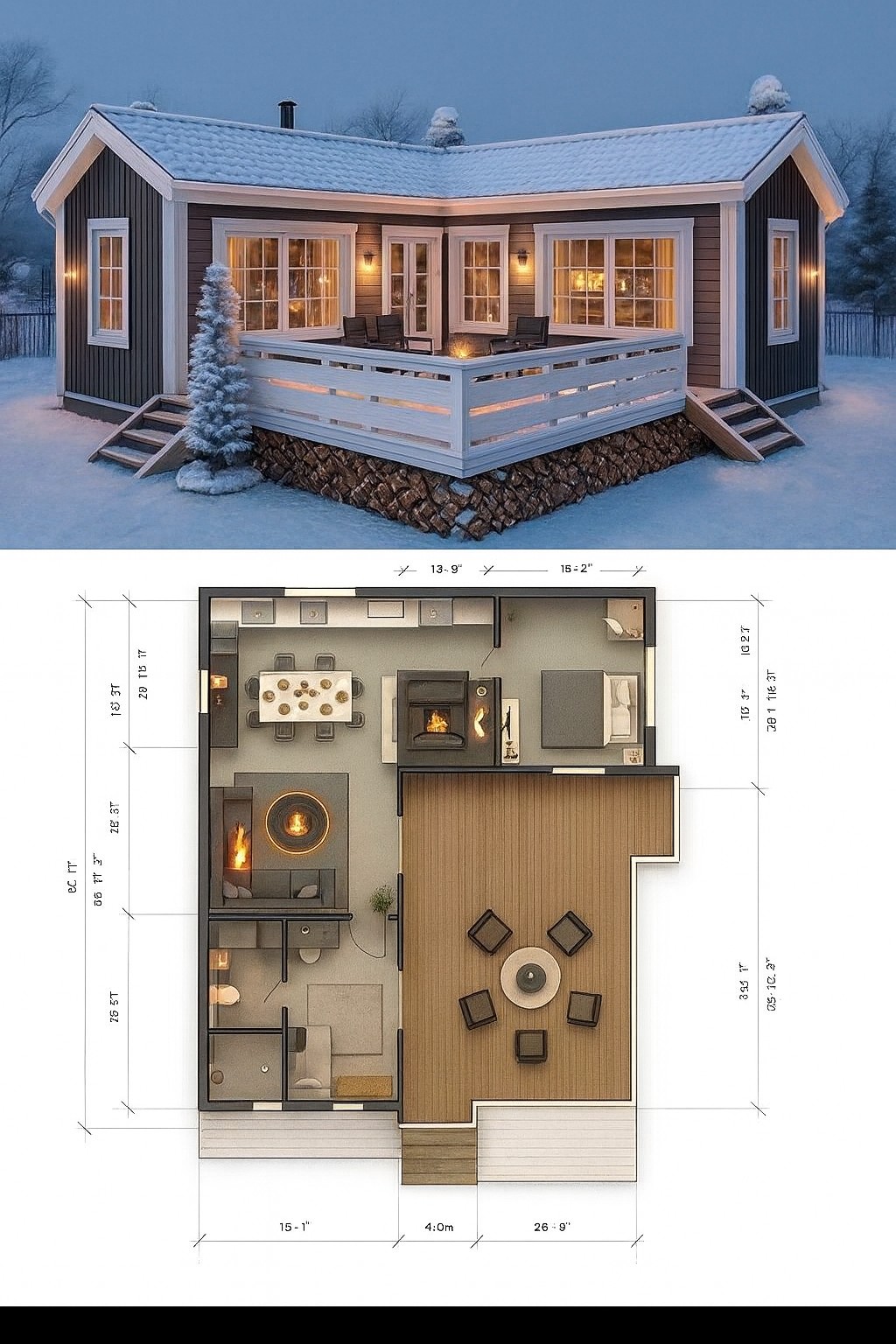 Tiny - Modern L-Shaped Winter Cabin with Cozy Deck & Smart Floor Plan ...
