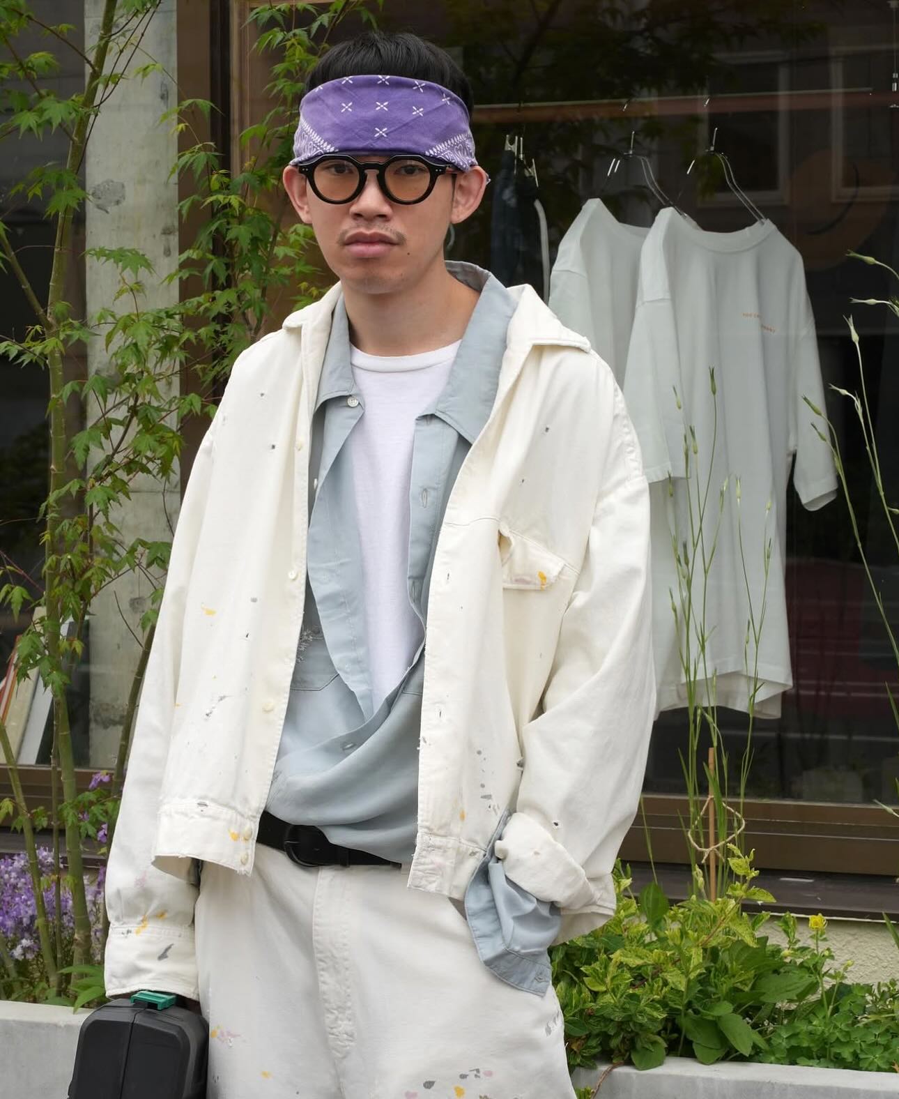 ANCELLM PAINTED LIGHT OZ DENIM OPEN COLLAR SHIRT col : WHITE size 