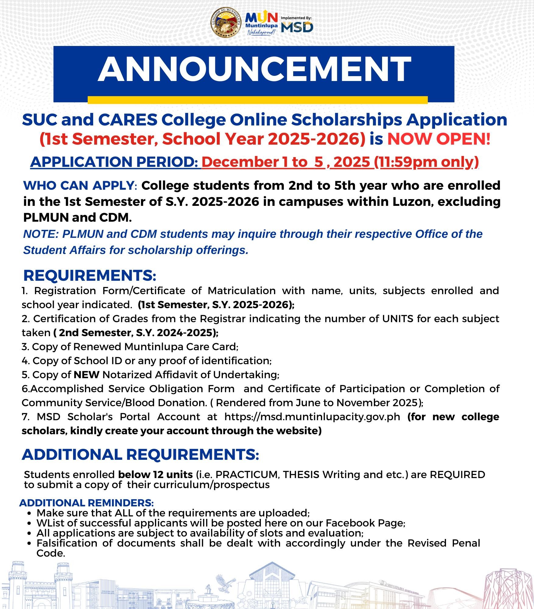 Muntinlupa - 𝐀𝐍𝐍𝐎𝐔𝐍𝐂𝐄𝐌𝐄𝐍𝐓: 𝐒𝐔𝐂 𝐚𝐧𝐝 𝐂𝐀𝐑𝐄𝐒 𝐂𝐨𝐥𝐥𝐞𝐠𝐞 𝐎𝐧𝐥𝐢𝐧𝐞 𝐒𝐜𝐡𝐨𝐥𝐚𝐫𝐬𝐡𝐢𝐩𝐬 ...