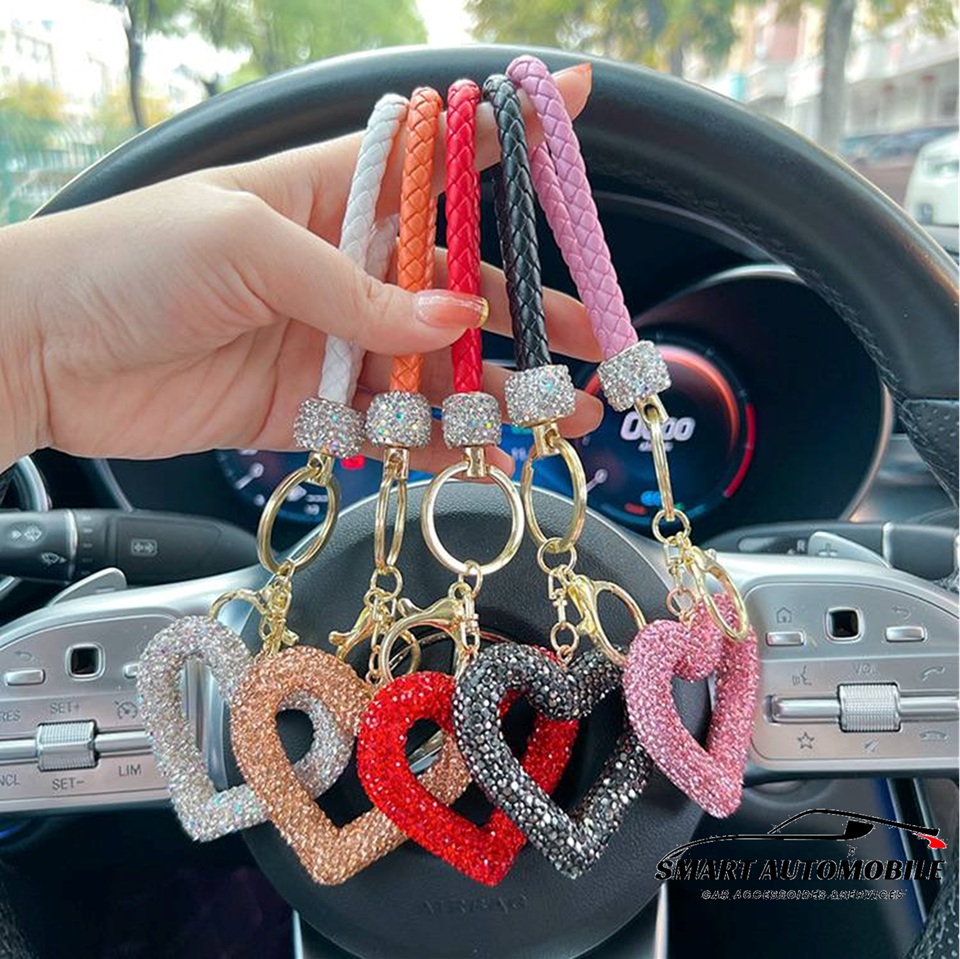Porte-Clés Voiture Cuir Véritable Strass Bling - Rouge/Or - Sangle Universelle Femme - Accessoire Luxe Clés Auto