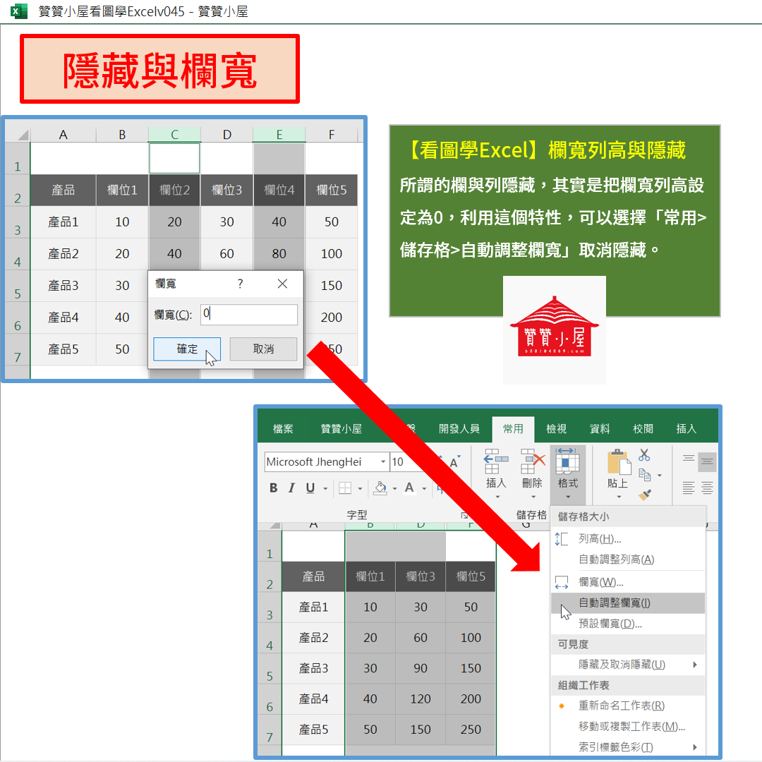 Excel職場活用小教室 - 【看圖學Excel】欄寬列高與隱藏 所謂的欄與列隱藏，其實是把欄寬列高設定為0，利用這個特性，可以選擇「常用 ...