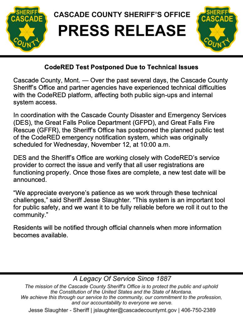 Cascade - Today’s CodeRed test postponed. Great Falls MT Police ...