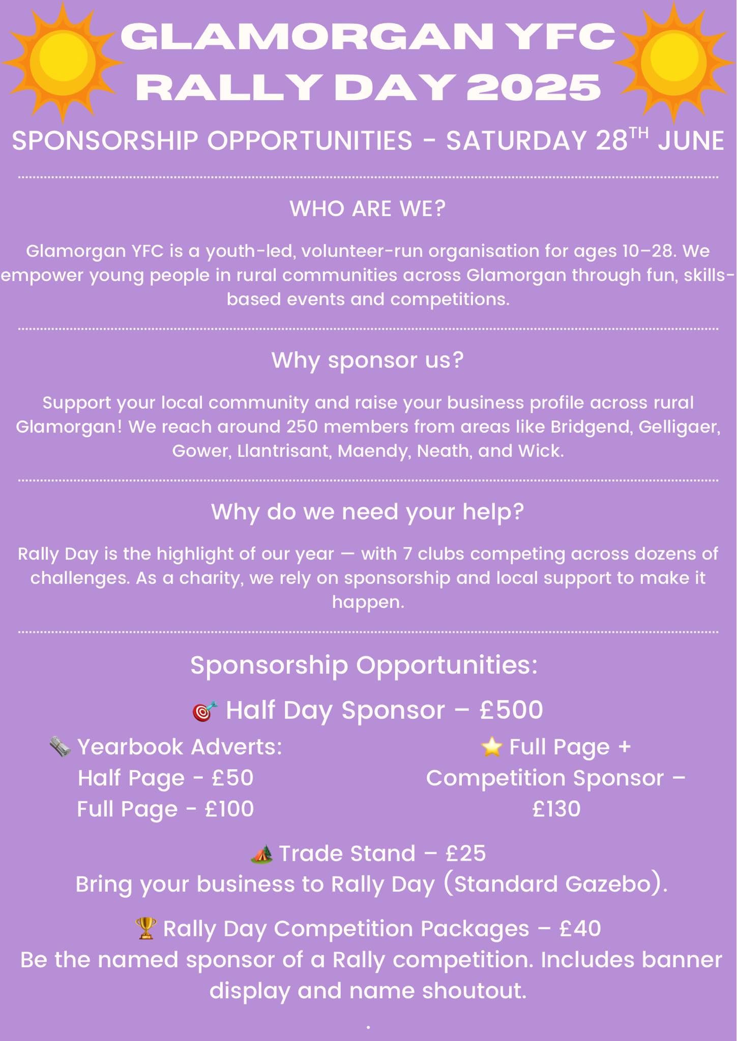 Glamorgan - Sponsor Glamorgan YFC Rally Day 2025! ☀️🎉 We’re looking for ...