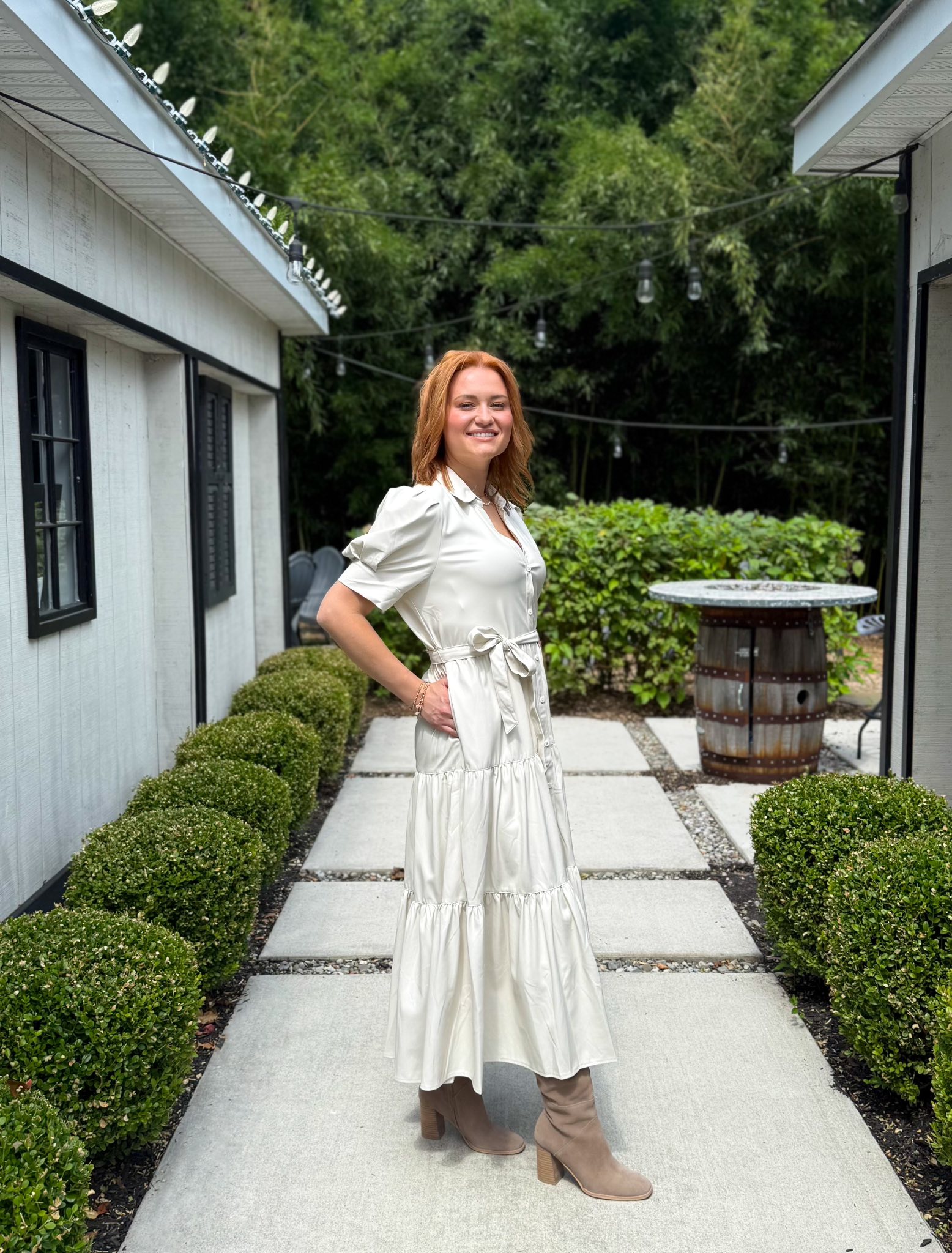 elan leather dress Our beautiful Madison is glowing in this cream faux puff-sleeve midi from ELAN✨ With its belted waist and tiered skirt, it's the perfect mix of feminine and modern. She styled Checked