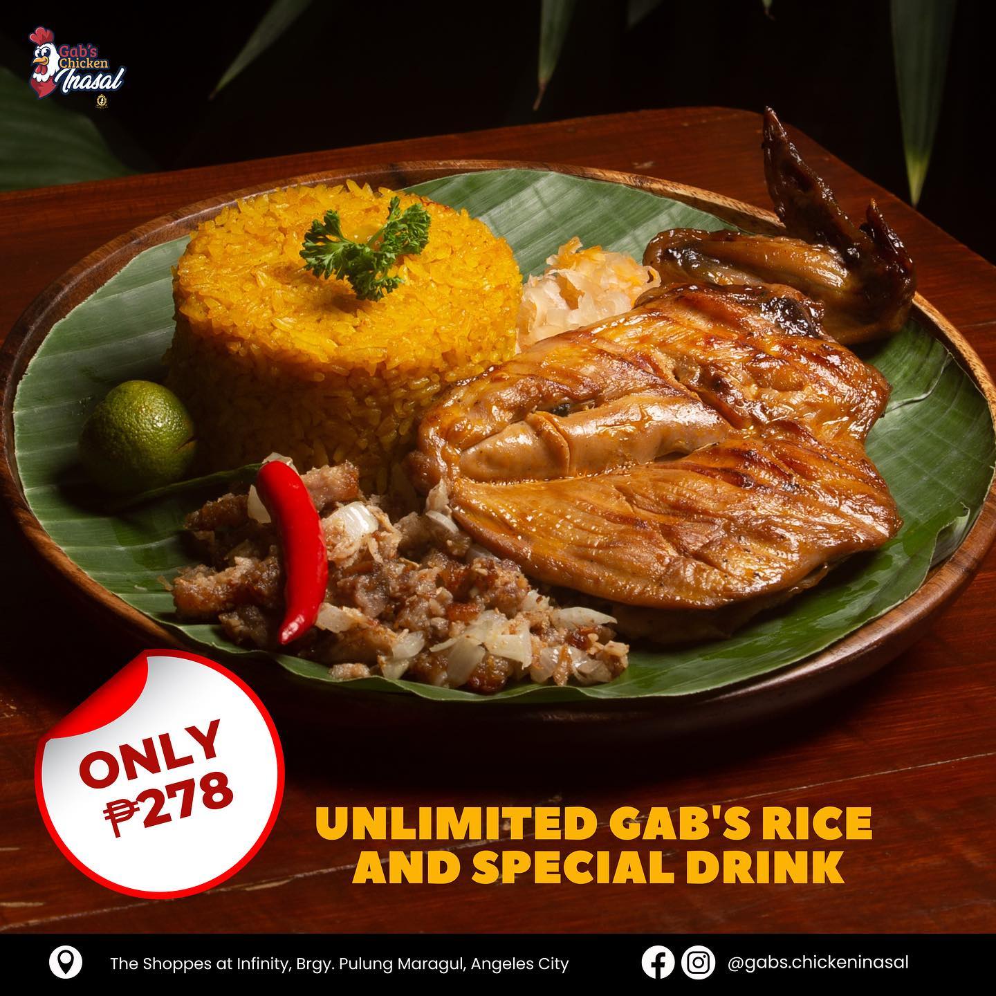 Gab's - Chicken Inasal + Pork Sisig + Unlimited Gab's rice and special ...