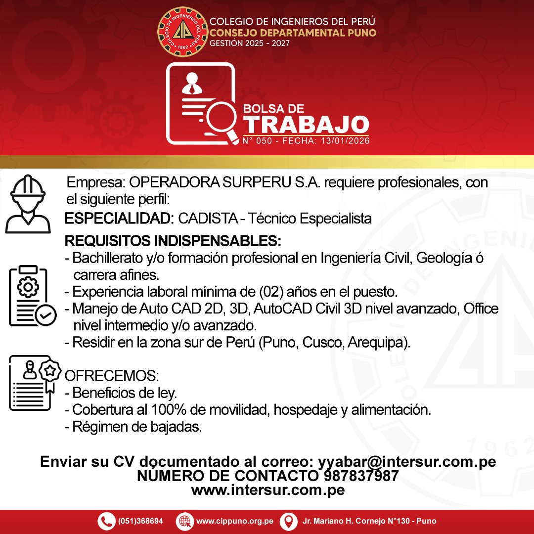 Colegio - 🔍 #Bolsadetrabajo N° 50 - 13/01/2026 Empresa: OPERADORA ...