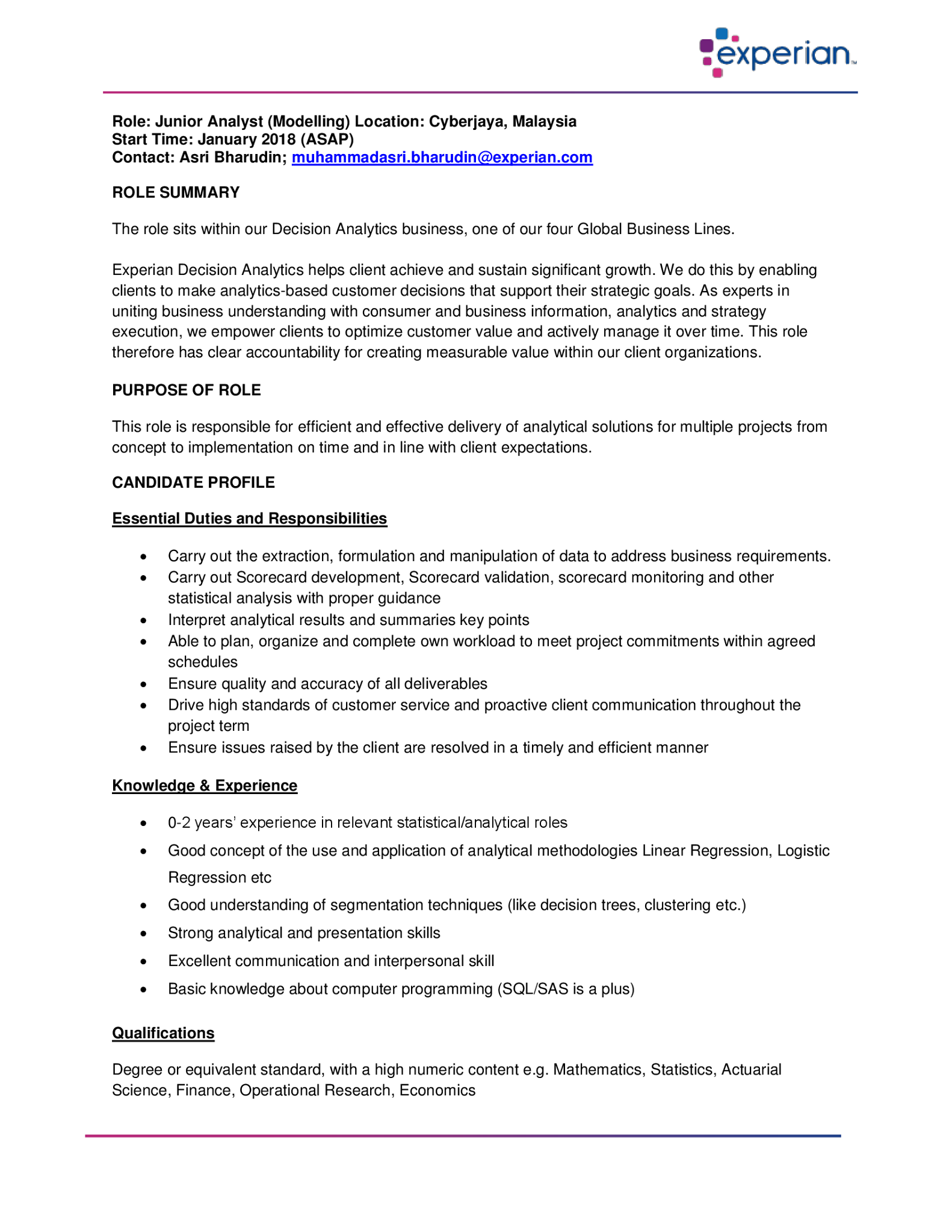 [CAREER OPPORTUNITY] Experian Malaysia has shared with us a career ...