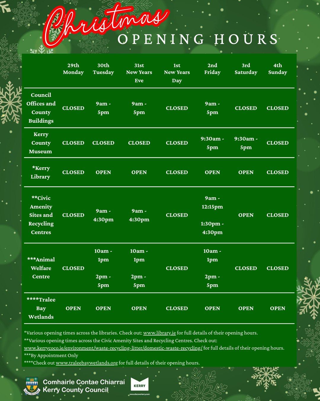 🎄New Years Opening Hours 🎄 Please... - Kerry County Council | Facebook