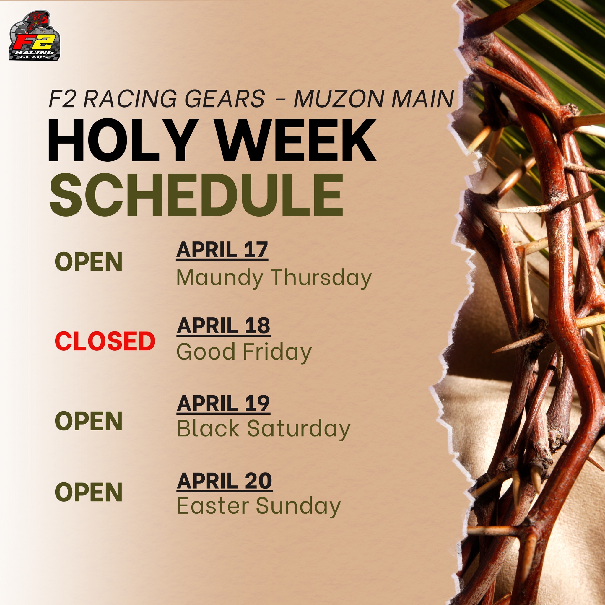 F2 - 📢 F2Racing Store Schedule Advisory this Holy Week 2025 ️ In ...