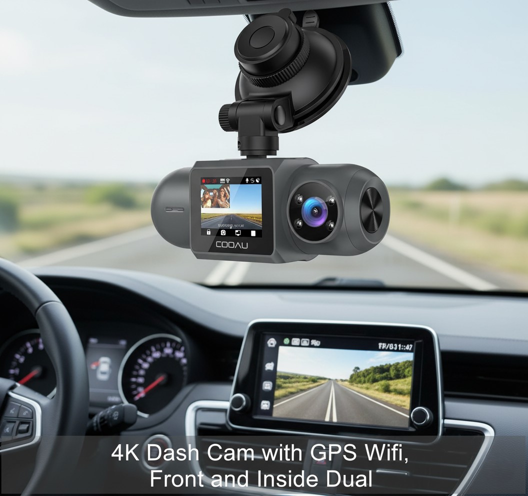 COOAU 4K Dual Dash Cam Front and Inside,Build-in GPS WiFi,Dash Camera for Car