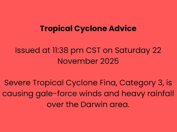 Lia - SecureNT Latest Tropical Cyclone Fina Advice update. Issued at 11 ...