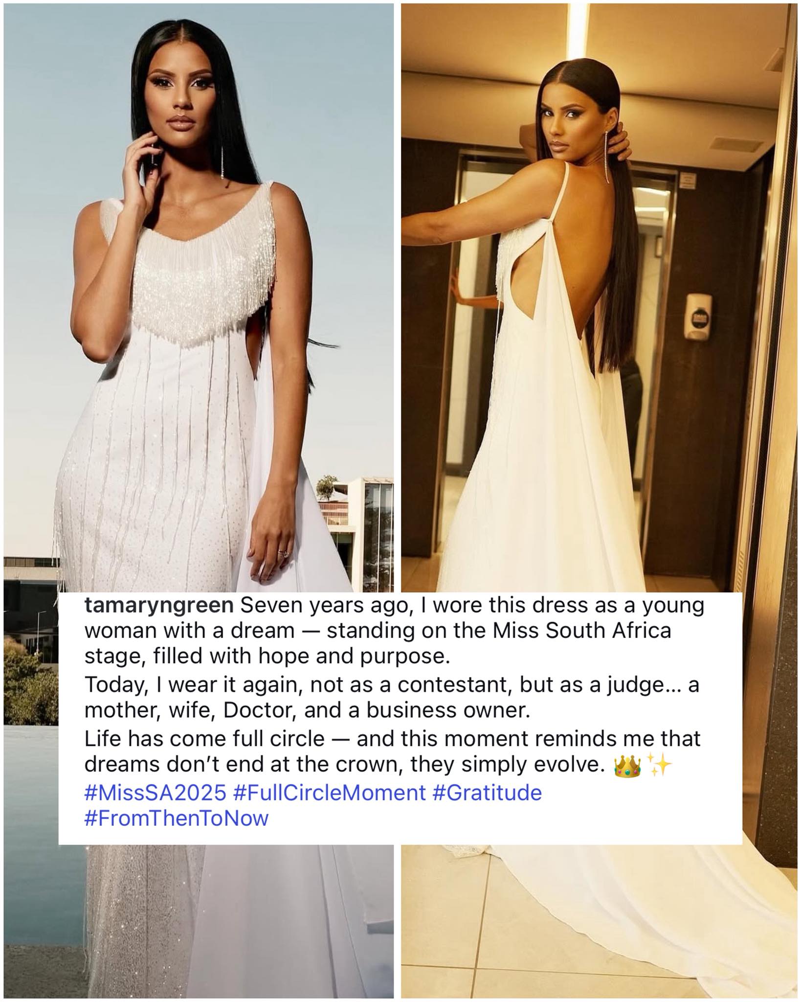 tamaryn green dress Miss Universe 2018 First Runner-Up wore this during her time as a Miss South Africa candidate — and now, she's wearing it again as a Miss South Africa judge. # __with:acc0575_gold