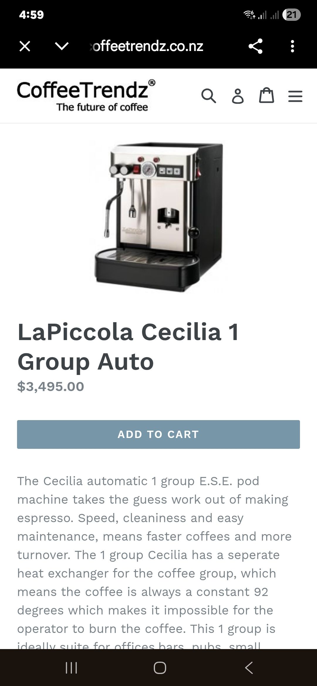 La Piccola Cecilia commercial coffee machine for sale.