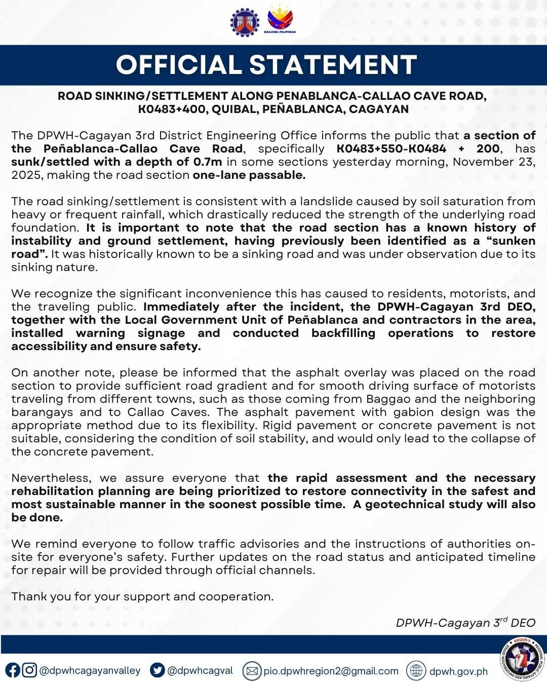 Taga - OFFICIAL STATEMENT ROAD SINKING/SETTLEMENT ALONG PENABLANCA ...