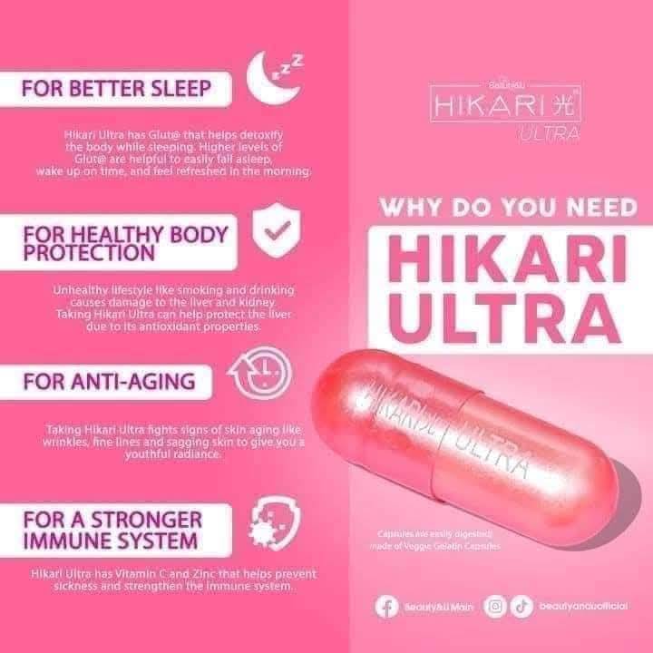 HIKARI ULTRA Glutathione CAPSULE‼️ 60 Capsule in 1bottle good for 1month 400mg. Glutathione in 1 Capsule.😲 BENEFITS OF drinking HIKARI ultra ✓🌸 Enhance healthy and glowing skin ✓🌸 Helps repair sun damage