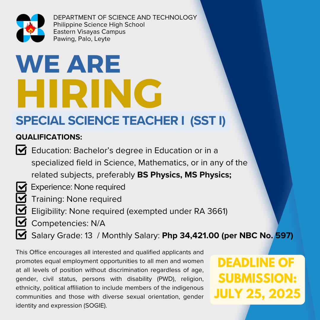 𝐖𝐄 𝐀𝐑𝐄 𝐇𝐈𝐑𝐈𝐍𝐆! 𝐒𝐏𝐄𝐂𝐈𝐀𝐋 𝐒𝐂𝐈𝐄𝐍𝐂𝐄 𝐓𝐄𝐀𝐂𝐇𝐄𝐑 𝐈 (𝐒𝐒𝐓 𝐈) Qualifications ...