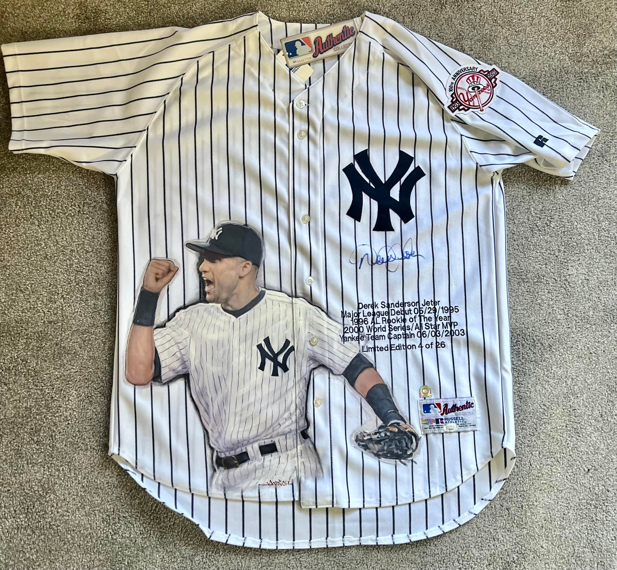 Derek Jeter hand signed Yankee 100th anniversary jersey
