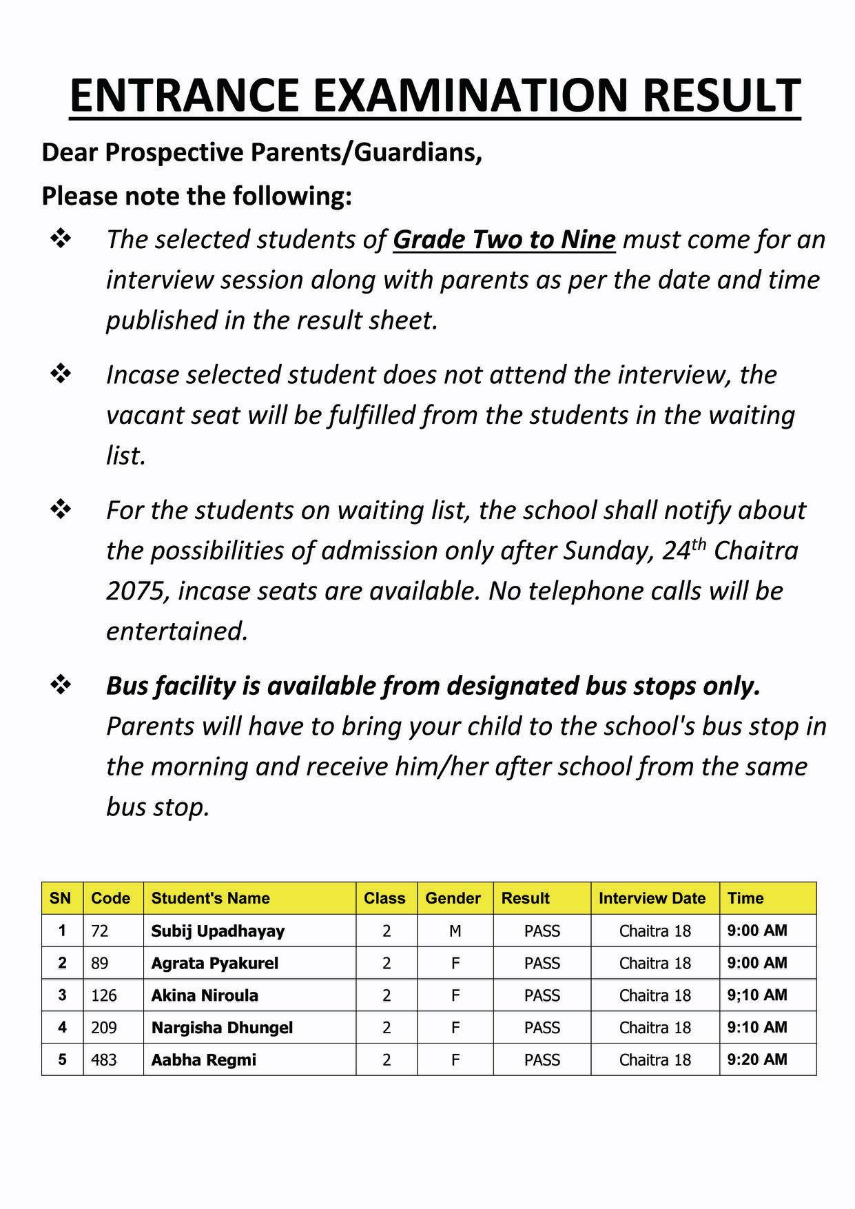 Result of Entrance Exam of Grade Two to Nine.