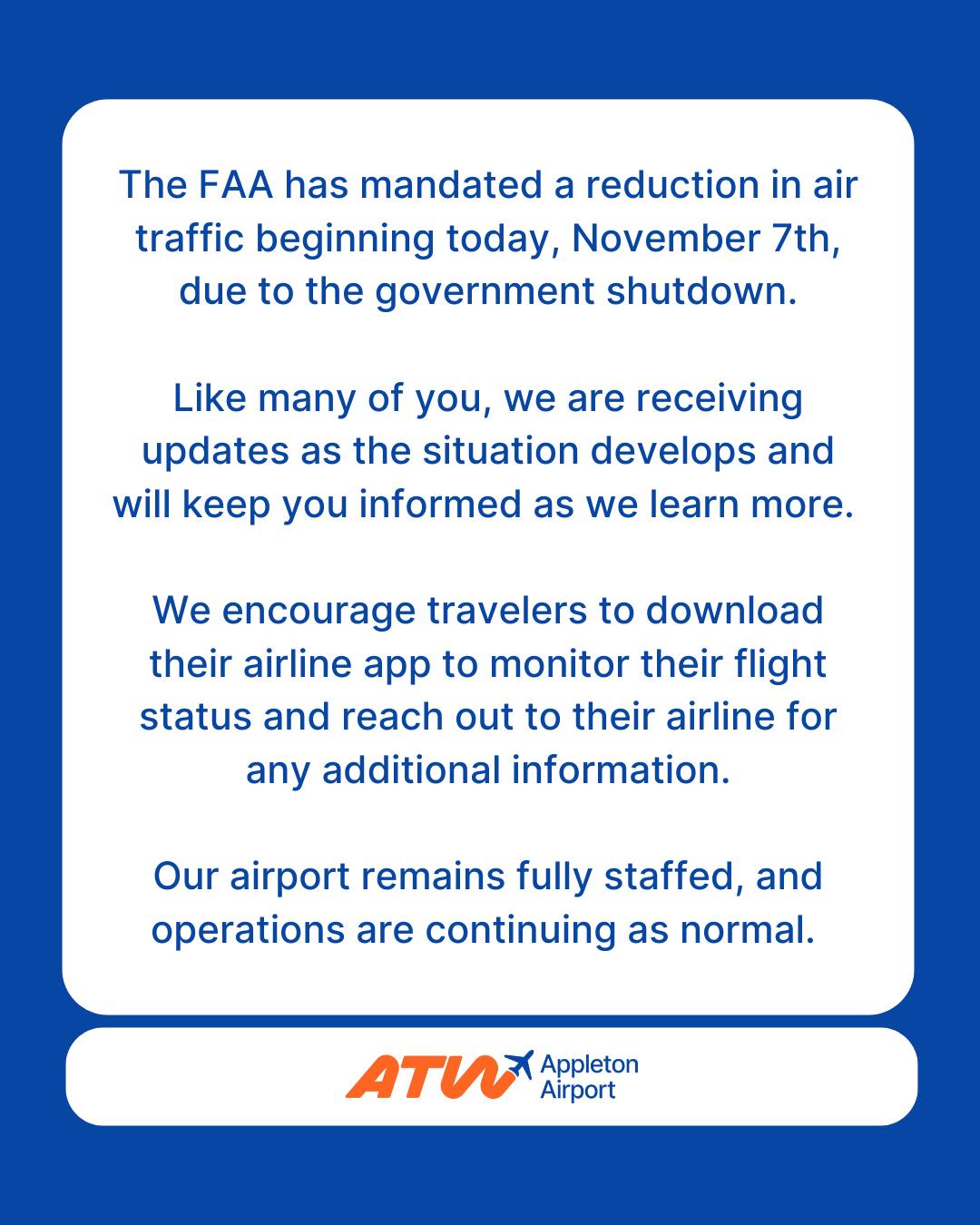 Quick update from ATW: - Appleton International Airport | Facebook