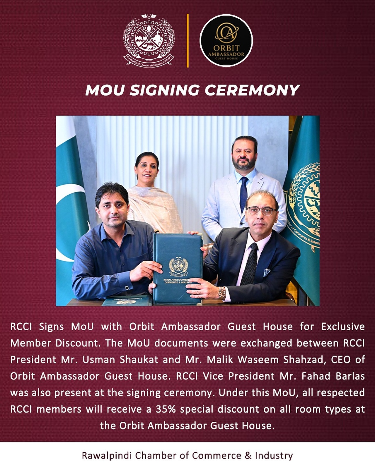 Rawalpindi - 🤝 RCCI Signs MoU with Orbit Ambassador Guest House 🏨 The ...