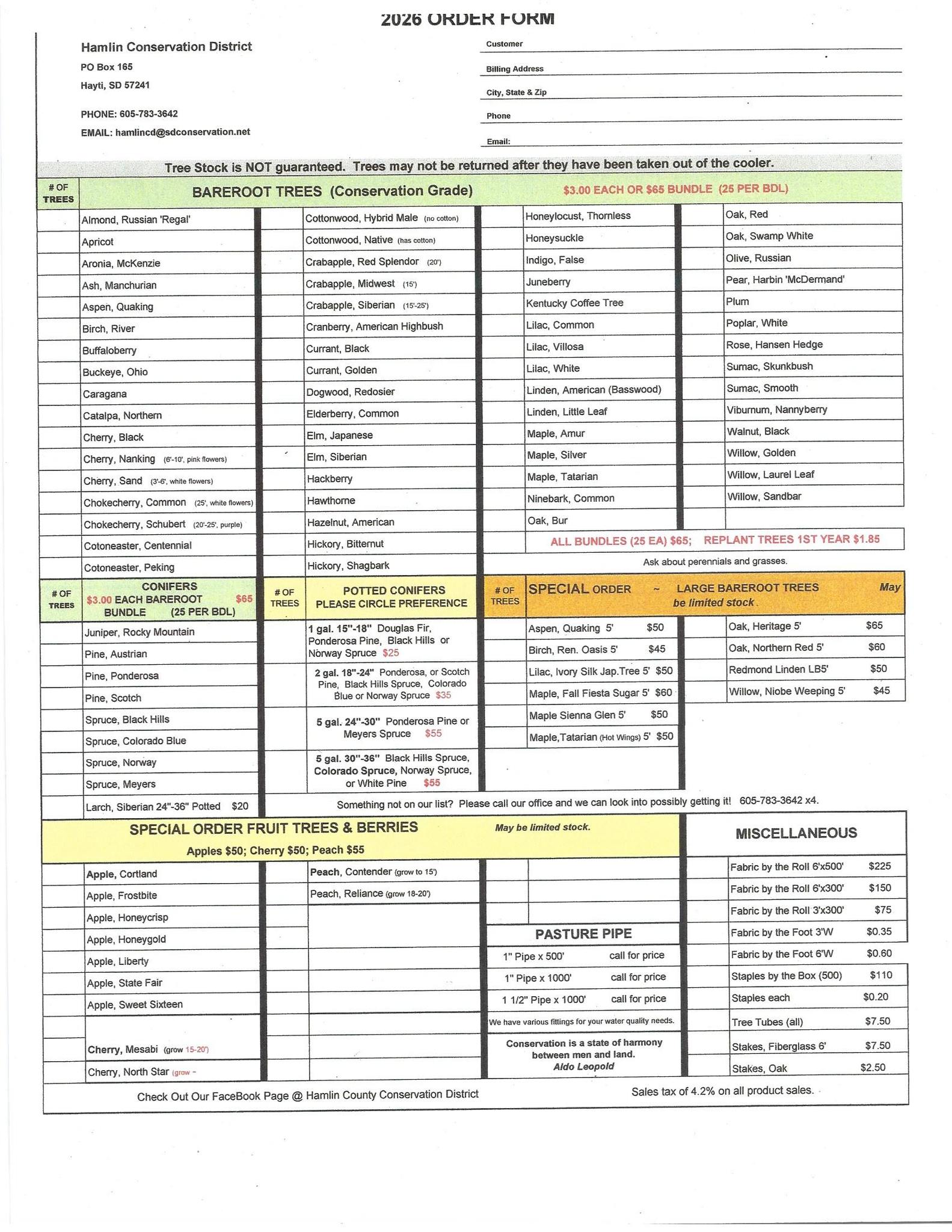 Hamlin - Our 2026 Tree Order Form! To order trees, please call the ...