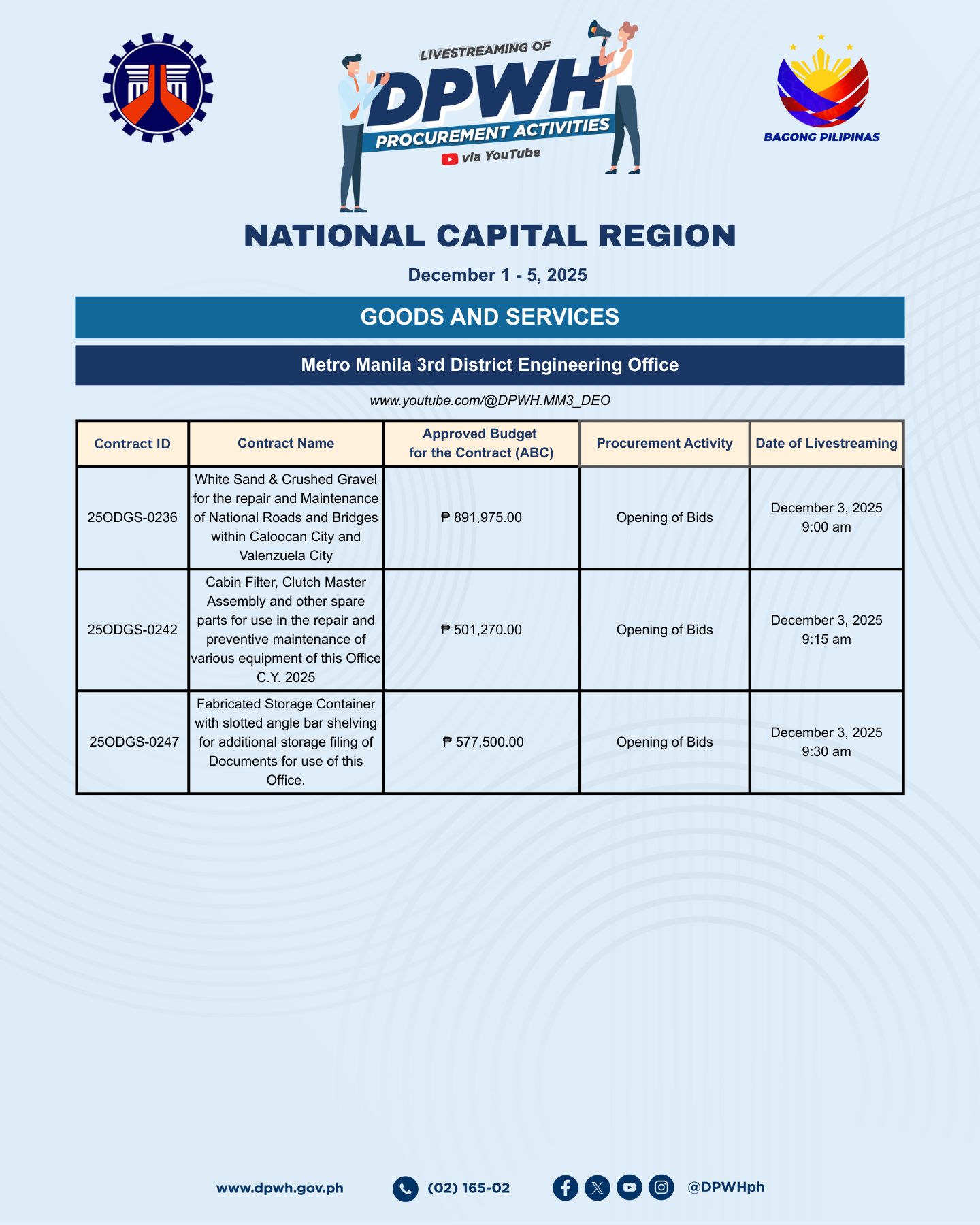 DPWH - 𝐒𝐂𝐇𝐄𝐃𝐔𝐋𝐄 𝐎𝐅 𝐋𝐈𝐕𝐄𝐒𝐓𝐑𝐄𝐀𝐌𝐈𝐍𝐆 𝐎𝐅 𝐏𝐑𝐎𝐂𝐔𝐑𝐄𝐌𝐄𝐍𝐓 𝐀𝐂𝐓𝐈𝐕𝐈𝐓𝐈𝐄𝐒 𝐈𝐍 𝐓𝐇𝐄 𝐃𝐏𝐖𝐇 ...