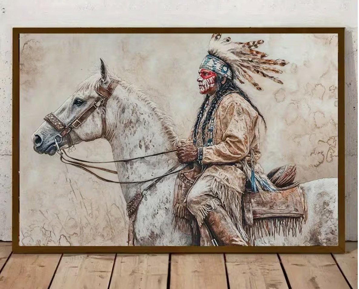 Native American Indian Warrior on Horseback Print Canvas 12x16 Unframed ...