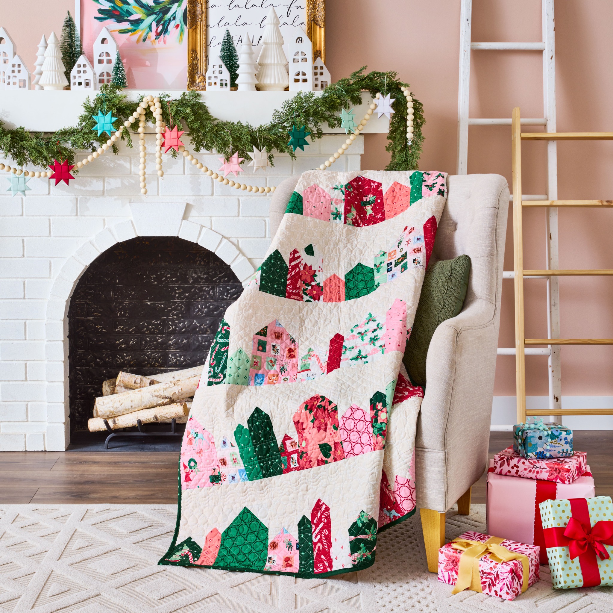 Simple stitch-and-flip units in holiday prints transform into a 