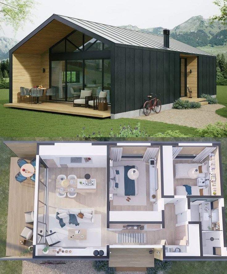 Projecto 3D de Casa de Madeira térrea T2 com aproximadamente 90m2 a ...