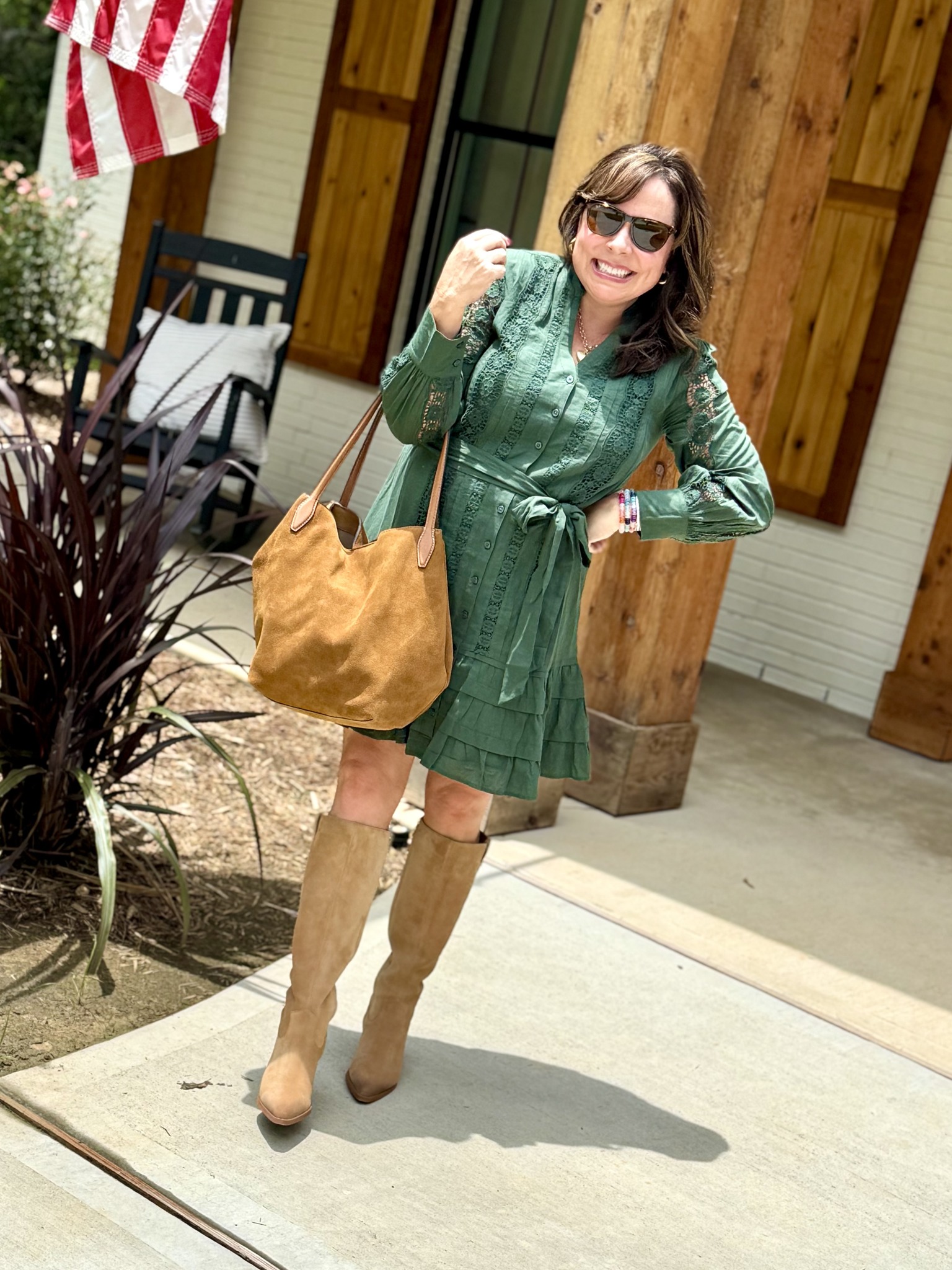 green dress brown boots Window Seat Tiered Maxi - Dark - Size L Featuring voluminous bishop sleeves Green Dress and Boots Fashion