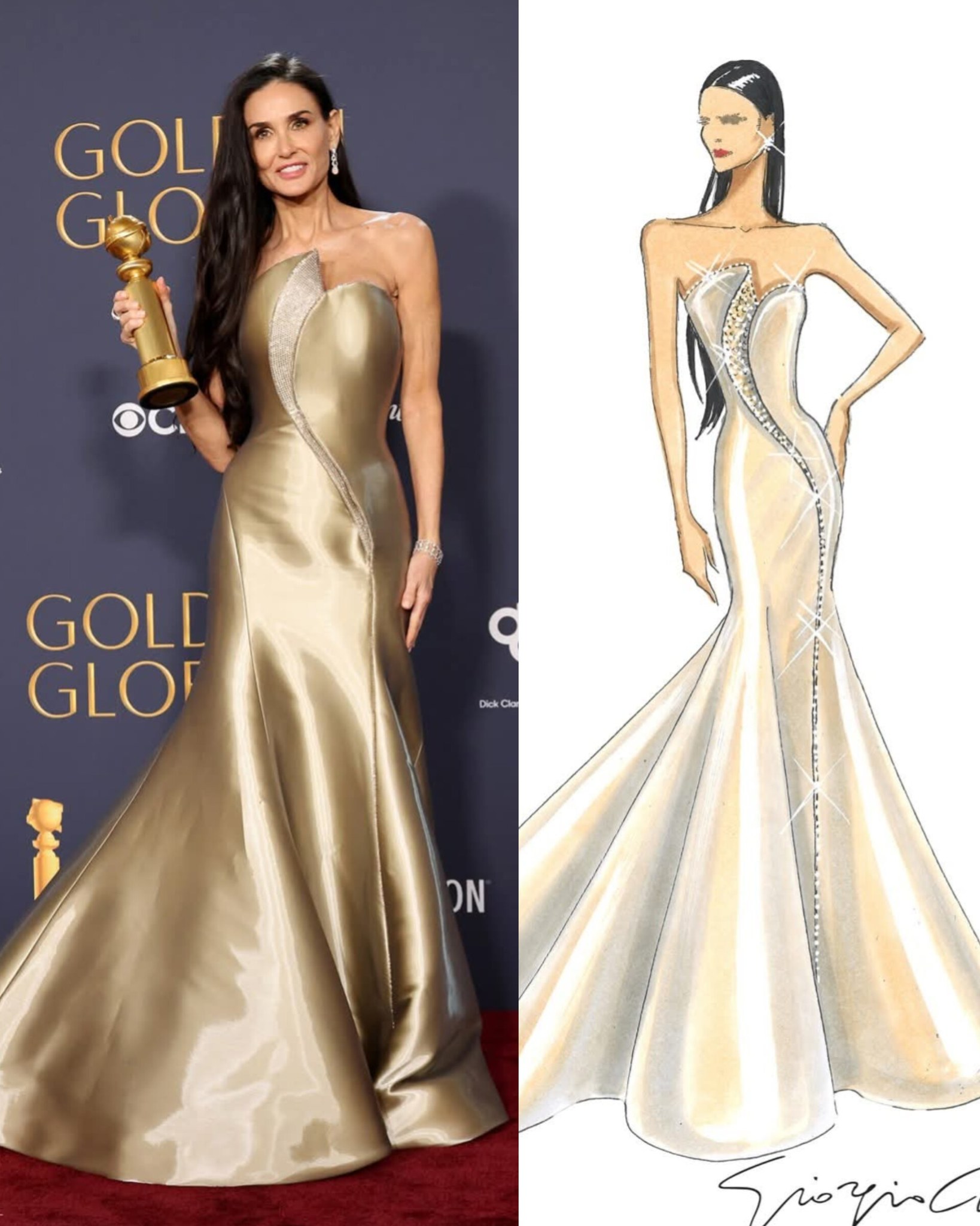 demi moore golden globes dress designer Actress was honored with the Fashion Icon Award at the second annual WWD Style Awards in Santa Monica on Friday, held during Week ahead of the 83rd Golden Sherri Hill Gold Metallic Strapless lace cocktail dress 56818