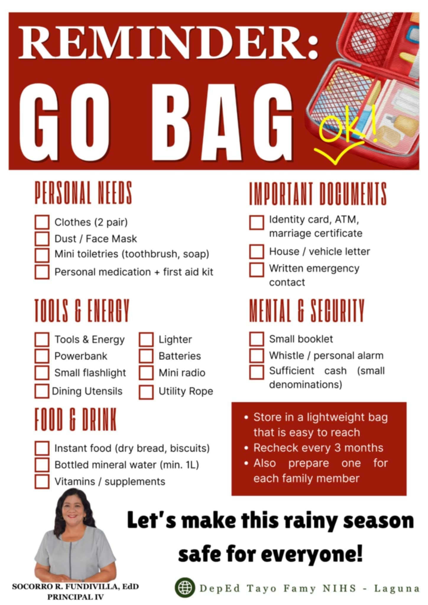 DepEd - 🚨 EMERGENCY PREPAREDNESS ALERT: GO BAG REMINDER 🧳⚠️ From the ...