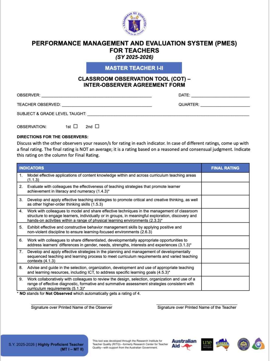 Learning - COT Inter-Observer Agreeement Form for SY 2025-2026 for ...