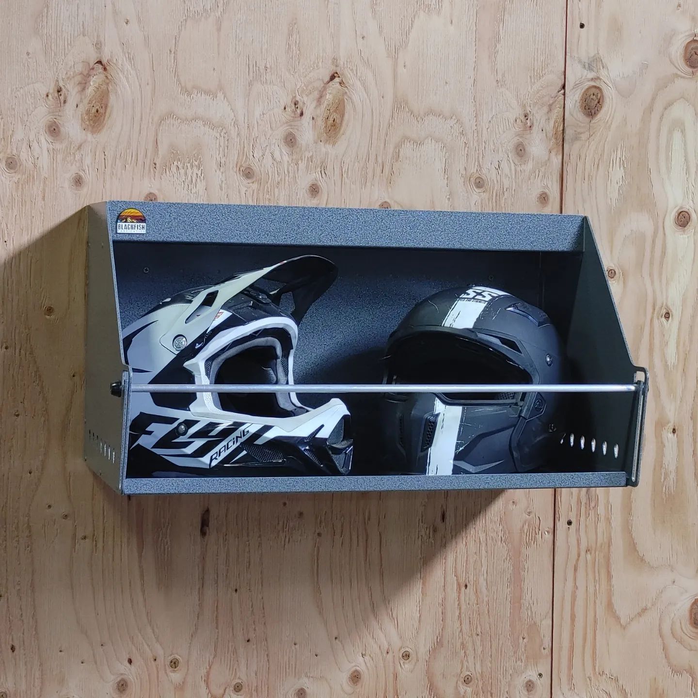 bike helmet storage box Aluminum Rack - Trailer & Garage Helmet Bay - Made in USA - Pit Products and other gear Solid Motorcycle Helmet Rack Stand
