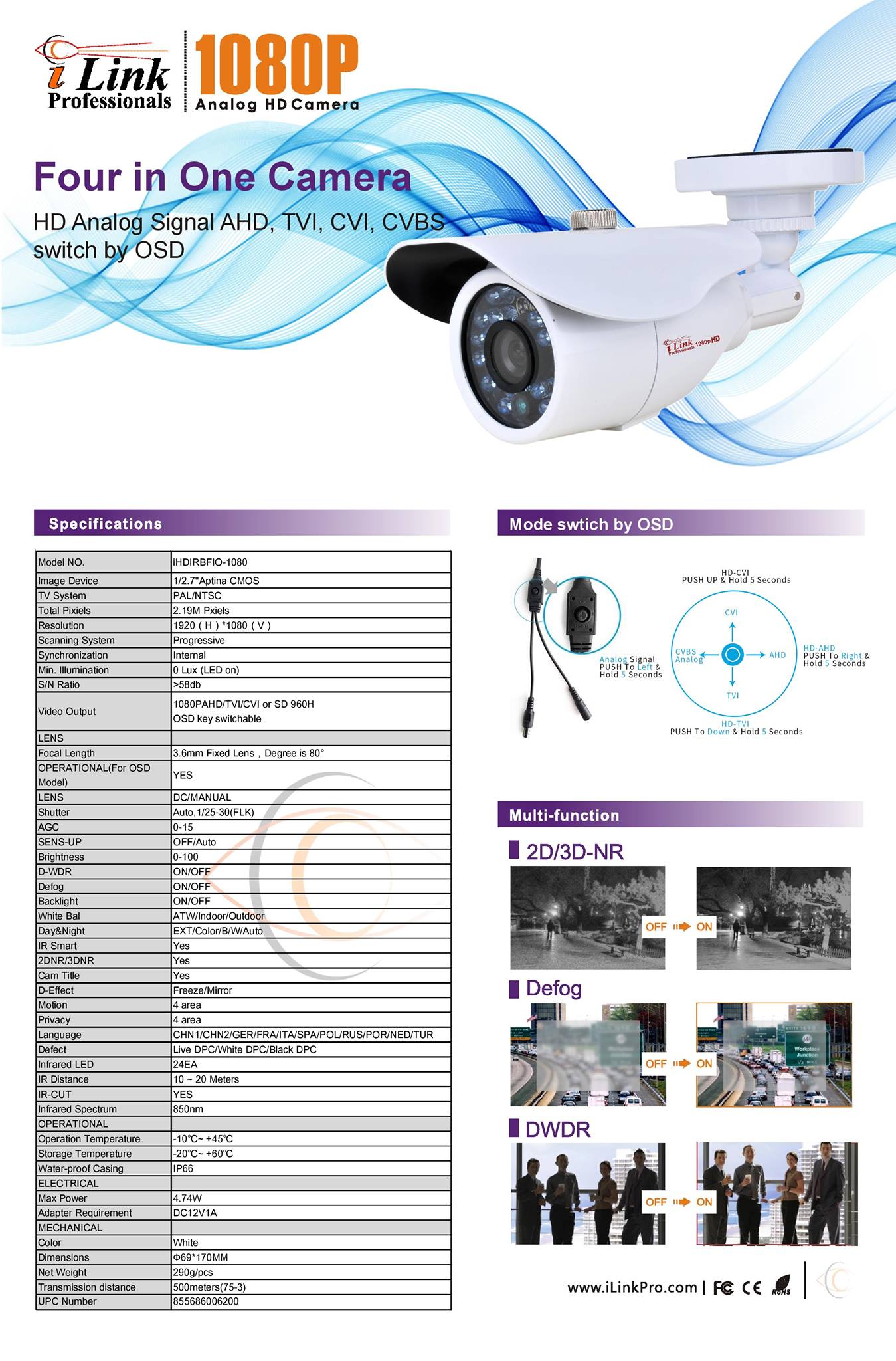 Telecamera Bullet 5MP AHD/TVI/CVI, ILink Professionals, Interno/esterno, IP66