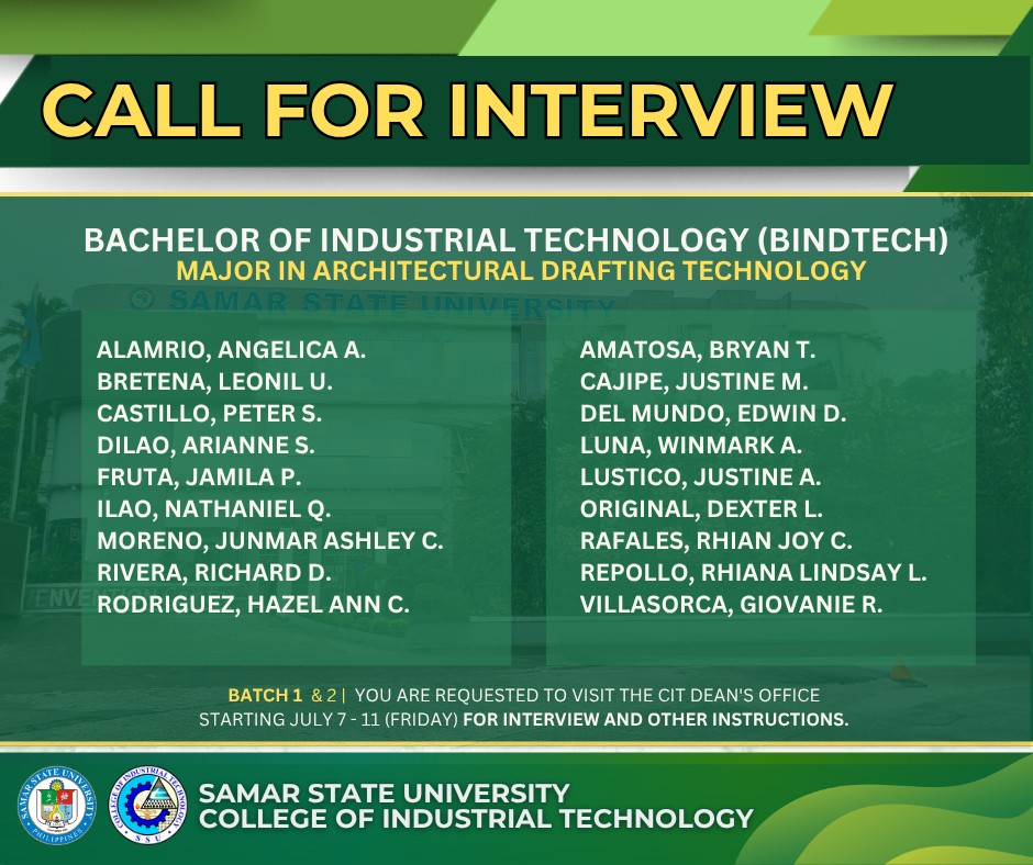 Samar - 𝗔𝗧𝗧𝗘𝗡𝗧𝗜𝗢𝗡: 𝗖𝗔𝗟𝗟 𝗙𝗢𝗥 𝗜𝗡𝗧𝗘𝗥𝗩𝗜𝗘𝗪 Bachelor of Industrial Technology ...