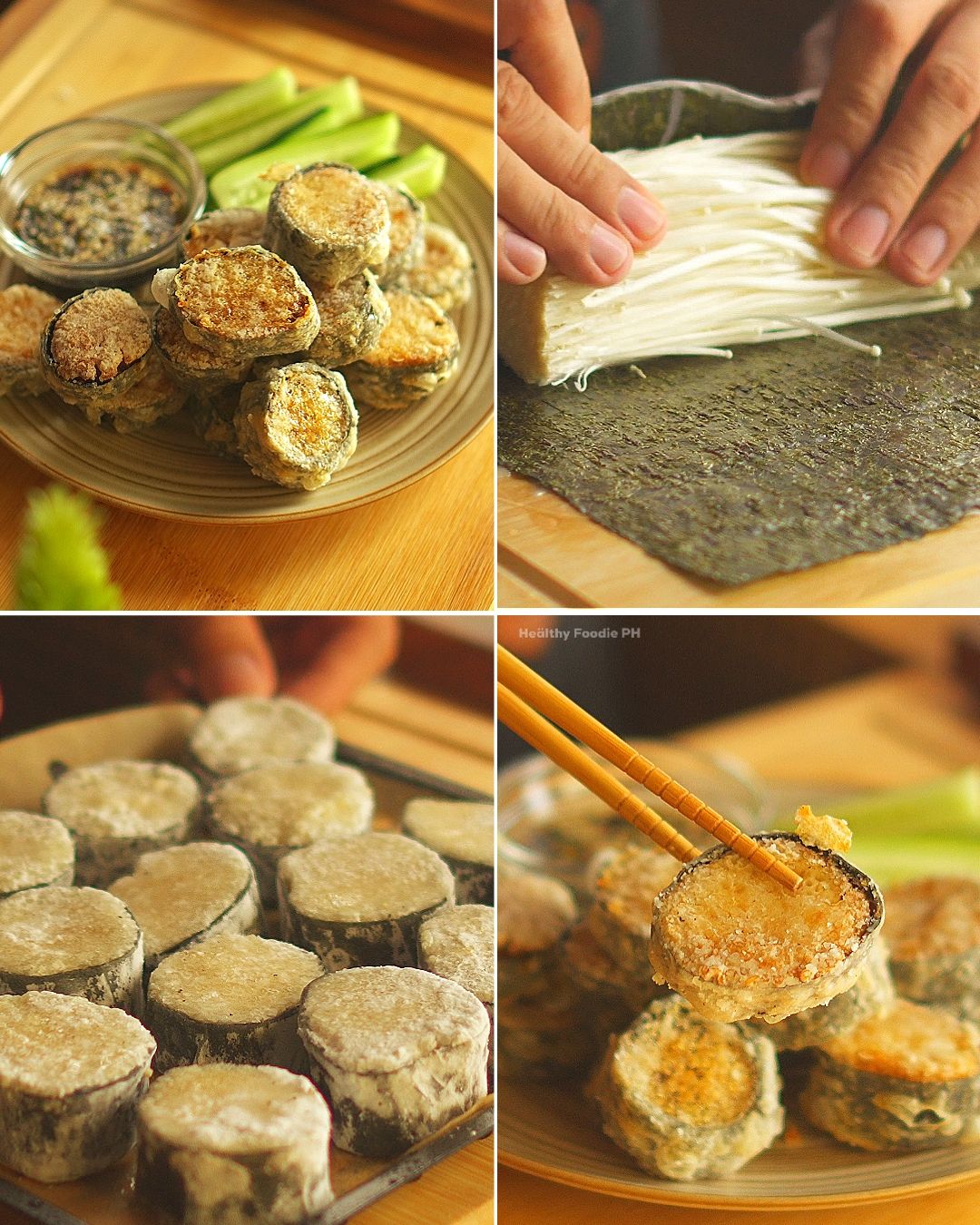 Healthy - Crispy Enoki Mushroom Nori Rolls ⬇️ Ingredients: 200g enoki ...