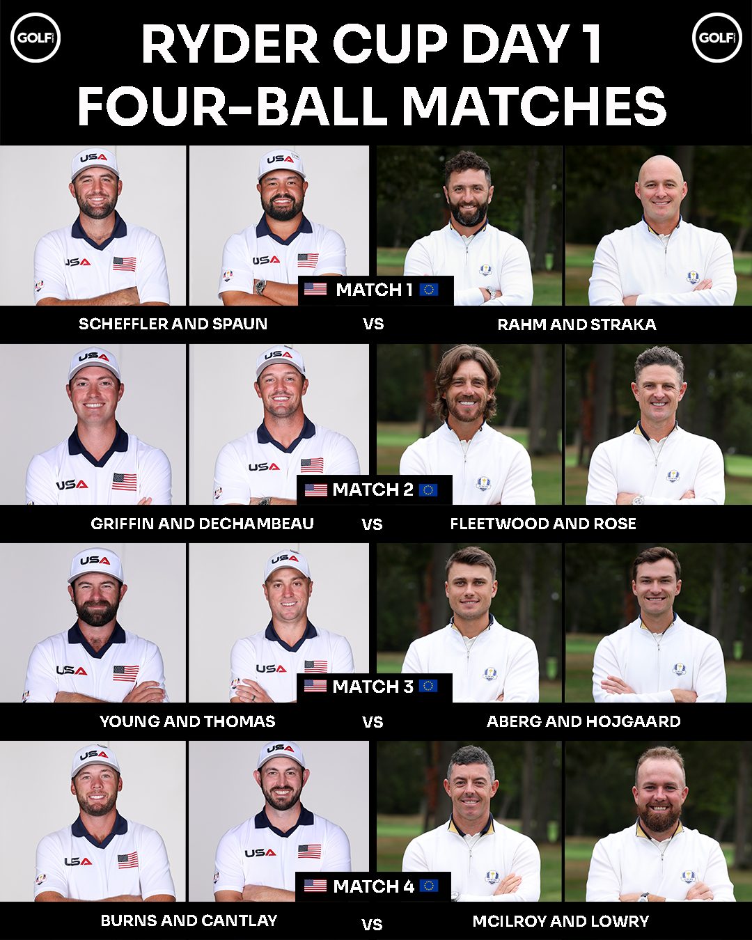 Golf - Ryder Cup day 1 four-ball matches revealed 🇺🇸🏆🇪🇺 Thoughts ...