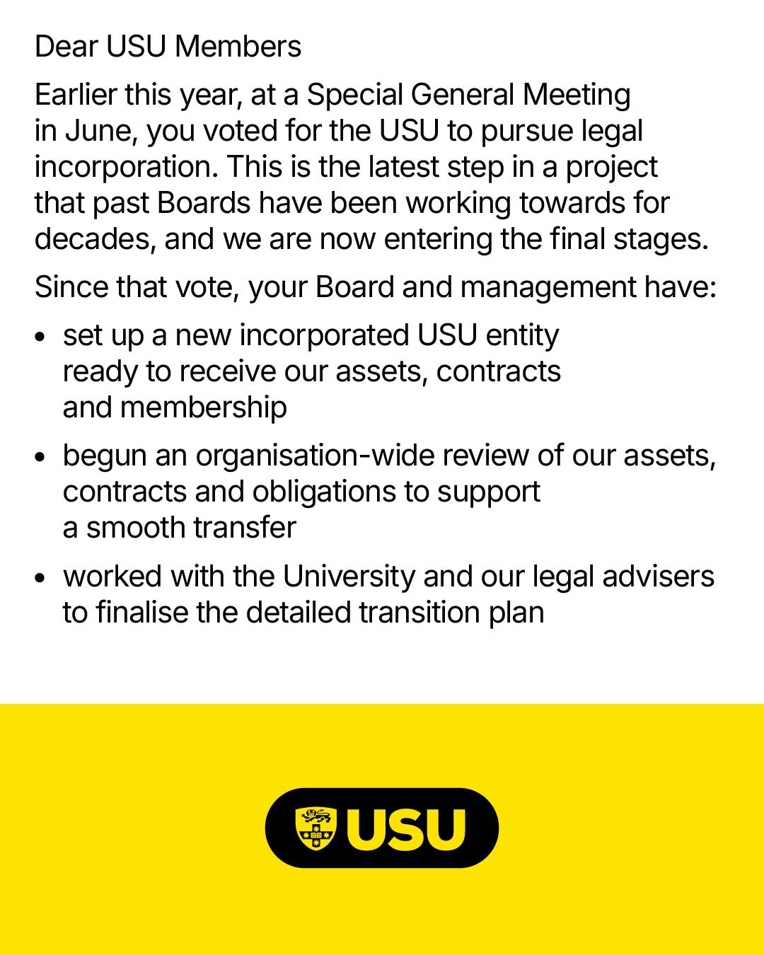 University - An update from us on USU Incorporation 💛 Earlier this year ...