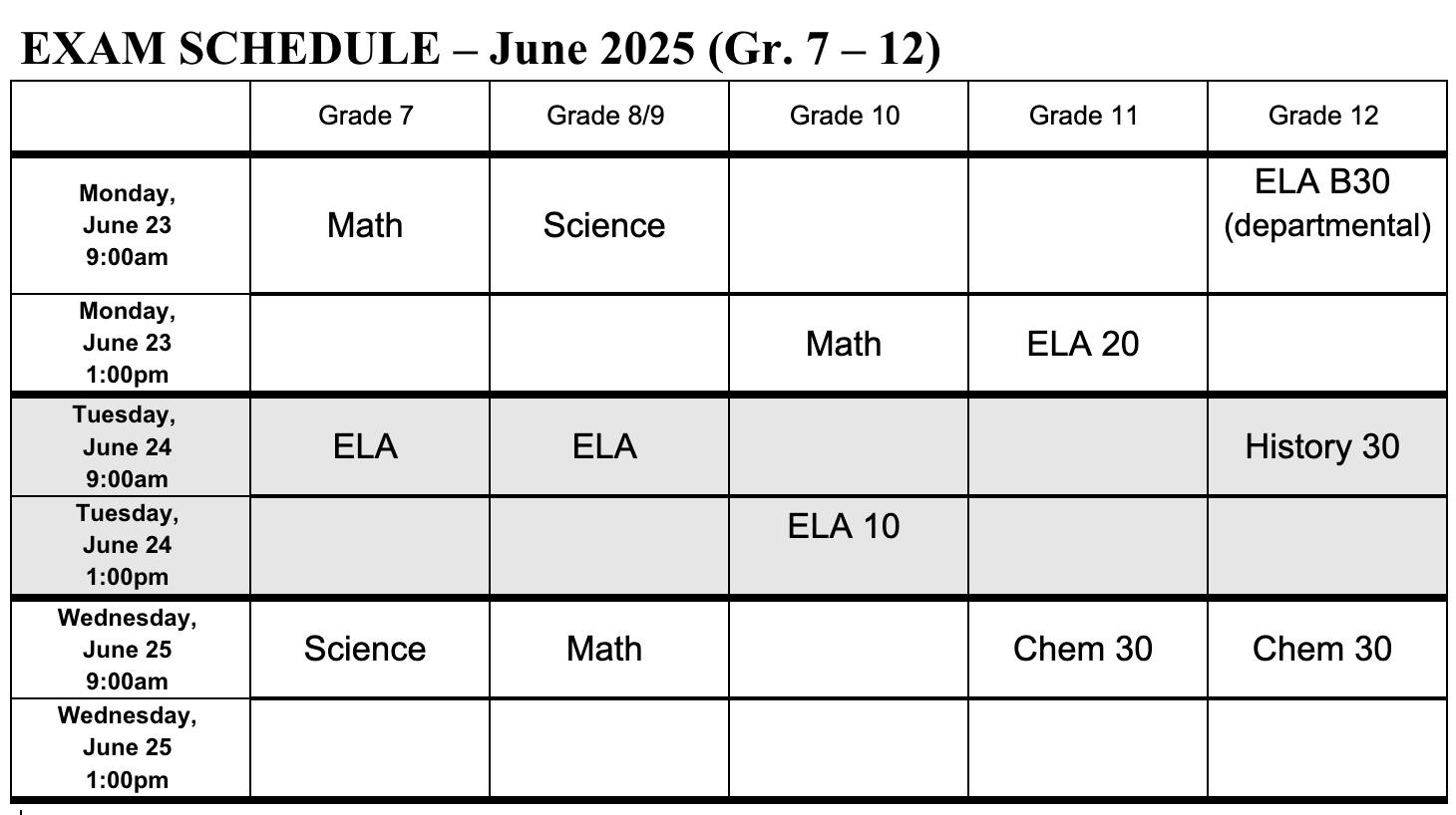 Luseland - June 2025 High School Exam Schedule. Please note: Final ...