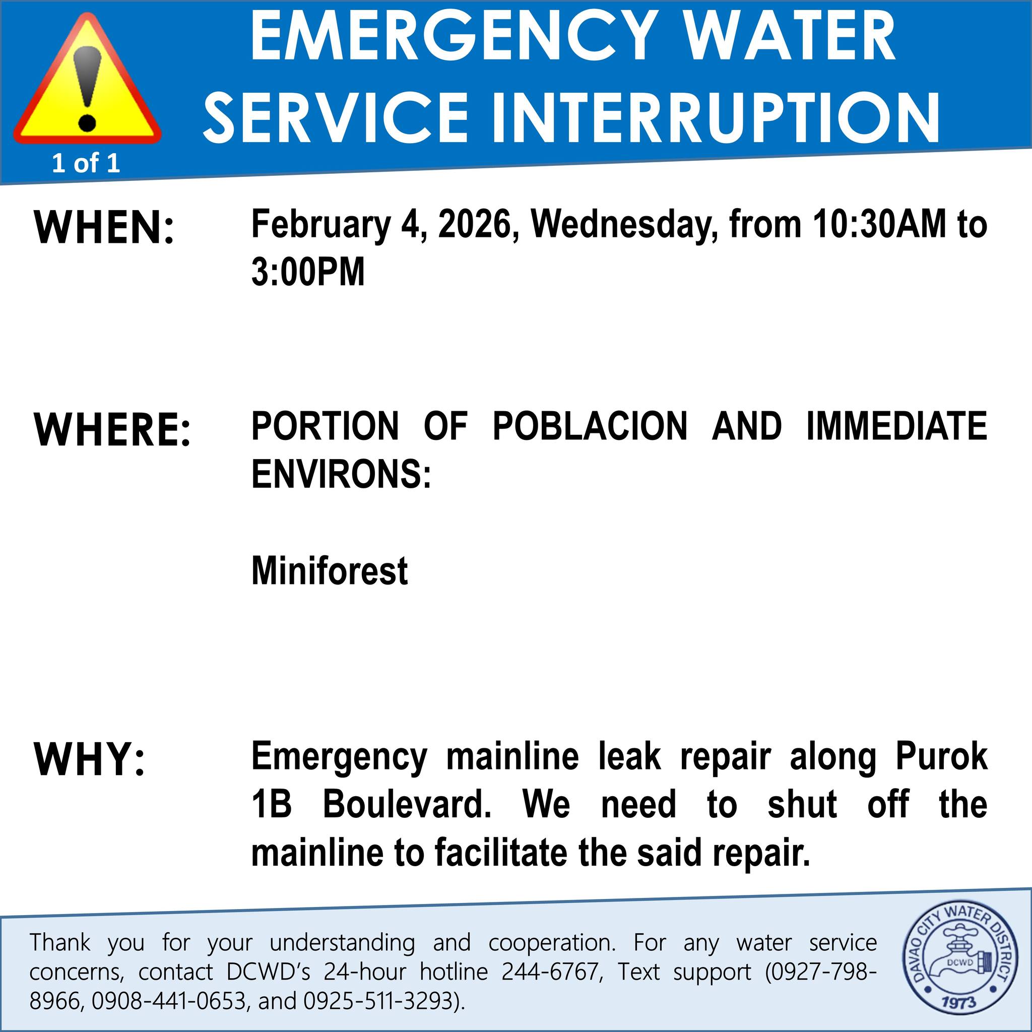 Davao - DCWD ADVISORY: EMERGENCY WATER SERVICE INTERRUPTION WHEN ...