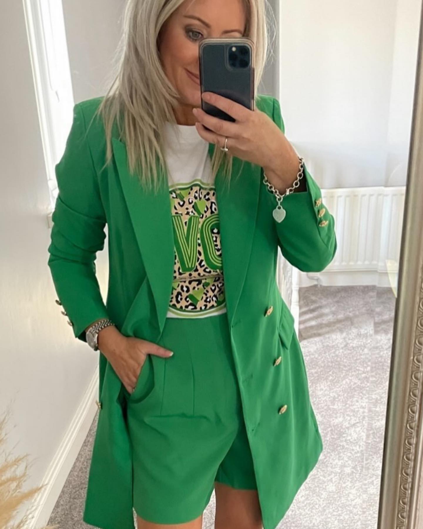 emerald green blazer dress This On Trend Balmain inspired can also be worn open as a jacket 💚 Modelled by @doyleoconnor5 with our new shorts and T shirt 💚🙌🏼#greenwithenvy #bloggerstyle #blazerstyle #f Indian_Gold